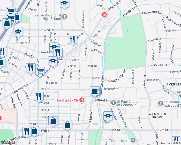 map of restaurants, bars, coffee shops, grocery stores, and more near 2510 18th Avenue in Columbus