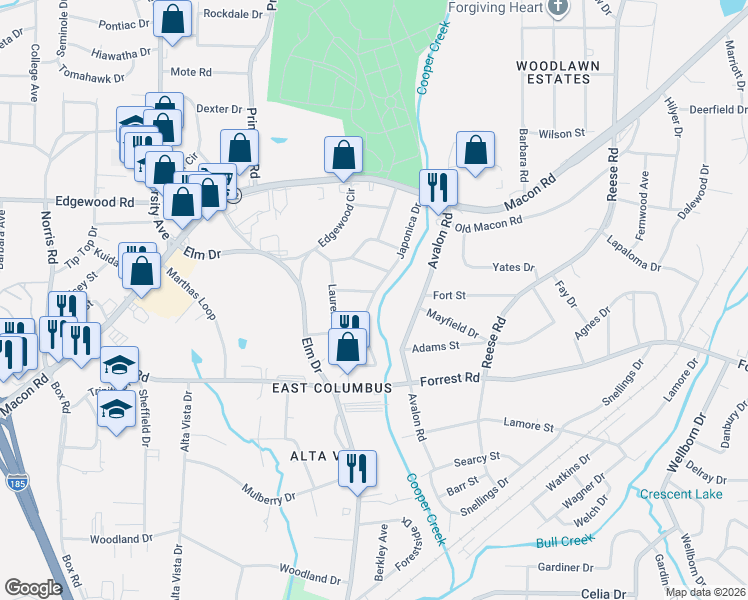 map of restaurants, bars, coffee shops, grocery stores, and more near 4150 Mayfield Drive in Columbus