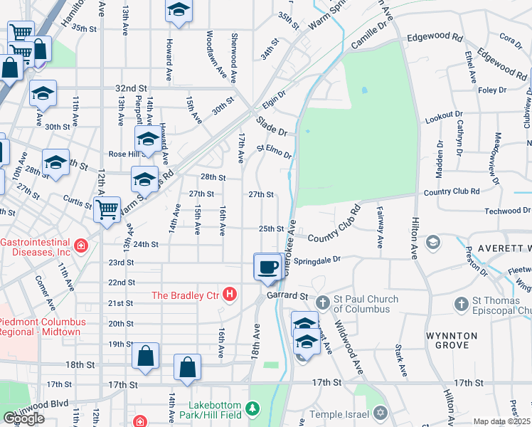 map of restaurants, bars, coffee shops, grocery stores, and more near 2510 18th Avenue in Columbus