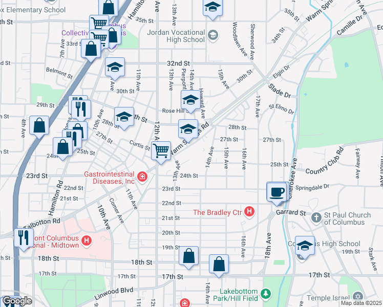 map of restaurants, bars, coffee shops, grocery stores, and more near 1338 Talbotton Road in Columbus