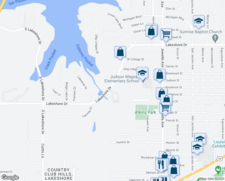 map of restaurants, bars, coffee shops, grocery stores, and more near 4223-308 Lakeshore Drive in Shreveport