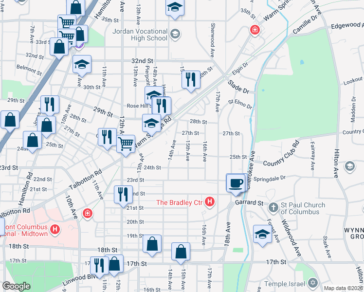 map of restaurants, bars, coffee shops, grocery stores, and more near 1420 26th Street in Columbus