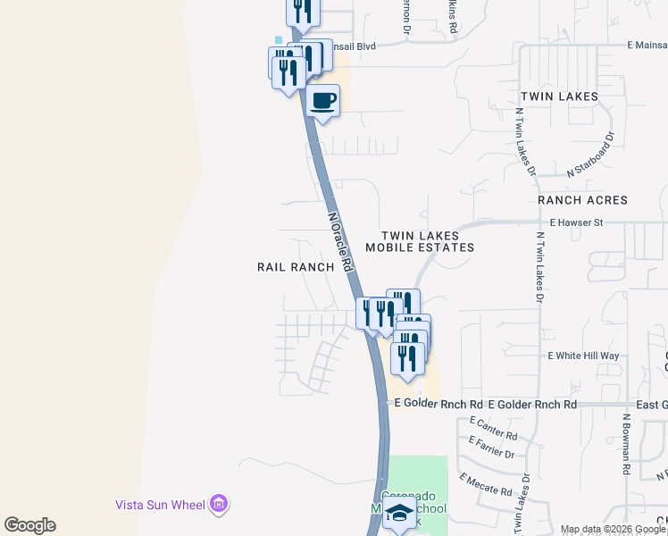 map of restaurants, bars, coffee shops, grocery stores, and more near 15445 North Oracle Road in Tucson