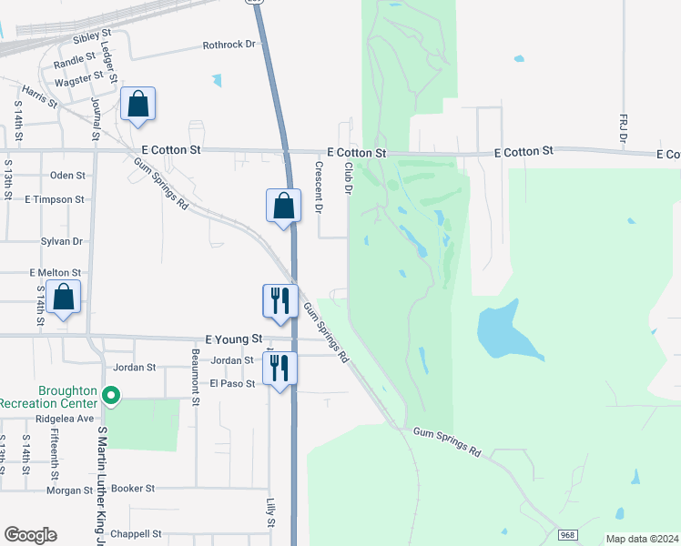 map of restaurants, bars, coffee shops, grocery stores, and more near 309 Club Drive in Longview