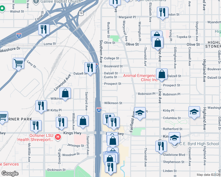 map of restaurants, bars, coffee shops, grocery stores, and more near 1101-1137 Leander Street in Shreveport