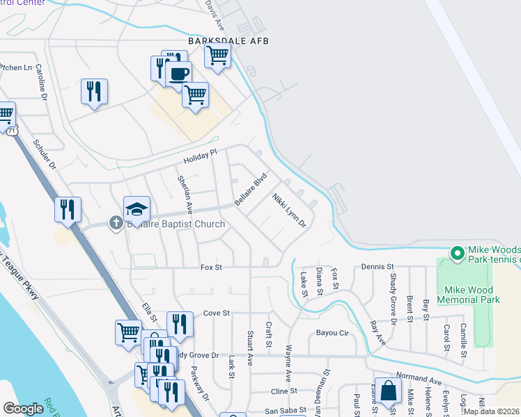 map of restaurants, bars, coffee shops, grocery stores, and more near 1607 Brisbane Circle in Bossier City