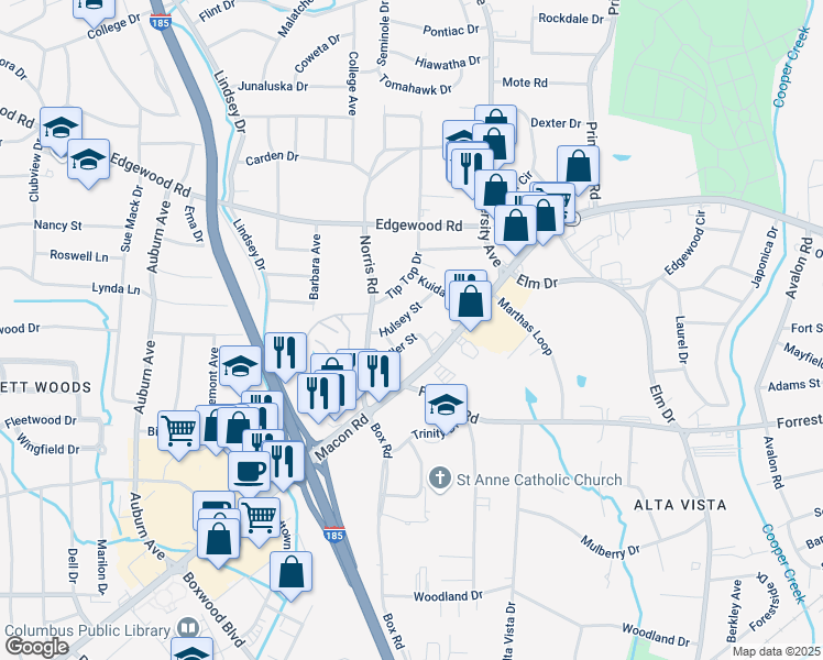 map of restaurants, bars, coffee shops, grocery stores, and more near 3547 Fuller Street in Columbus