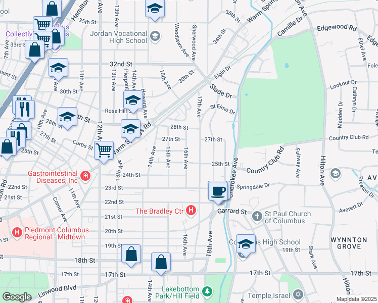 map of restaurants, bars, coffee shops, grocery stores, and more near 2515 17th Avenue in Columbus