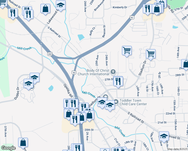 map of restaurants, bars, coffee shops, grocery stores, and more near 2711 South Railroad Street in Phenix City