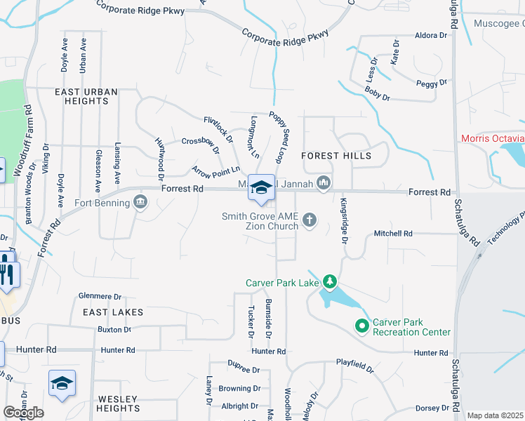 map of restaurants, bars, coffee shops, grocery stores, and more near 6400 Forrest Road in Columbus