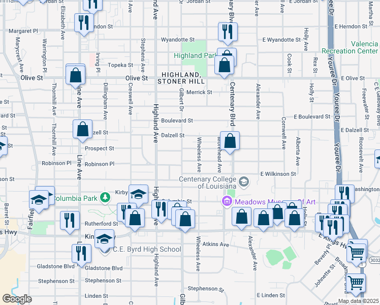 map of restaurants, bars, coffee shops, grocery stores, and more near 319 Prospect Street in Shreveport