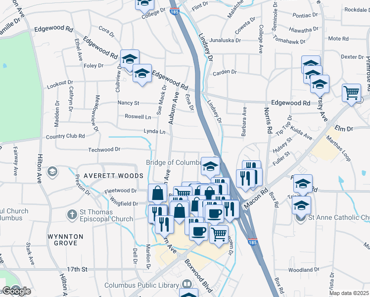 map of restaurants, bars, coffee shops, grocery stores, and more near 2939 Glenbrook Drive in Columbus
