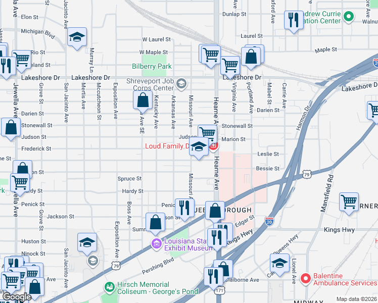 map of restaurants, bars, coffee shops, grocery stores, and more near 2816 Catherine Street in Shreveport