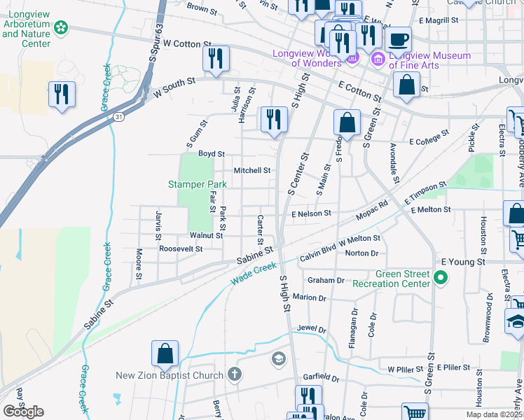 map of restaurants, bars, coffee shops, grocery stores, and more near 200 West Nelson Street in Longview