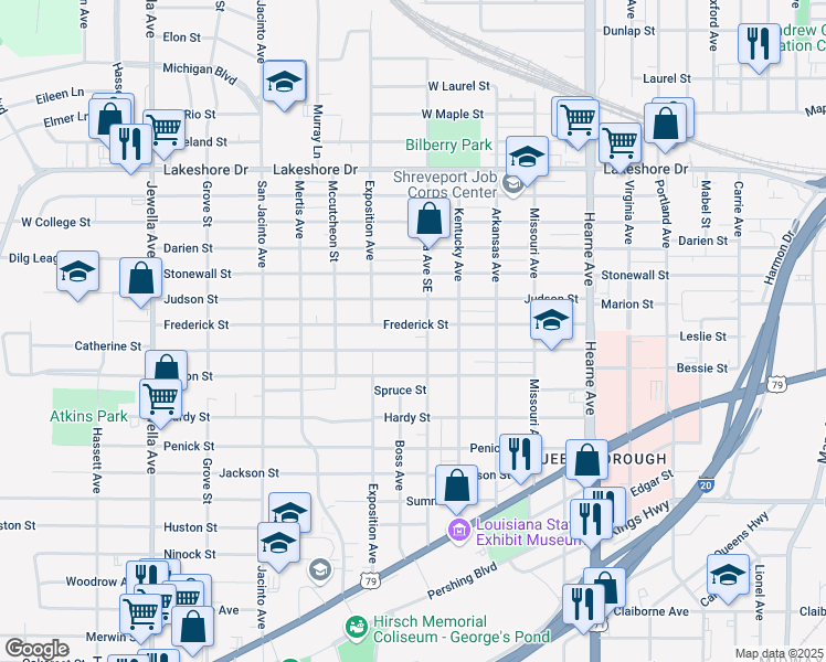 map of restaurants, bars, coffee shops, grocery stores, and more near 3130 Catherine Street in Shreveport
