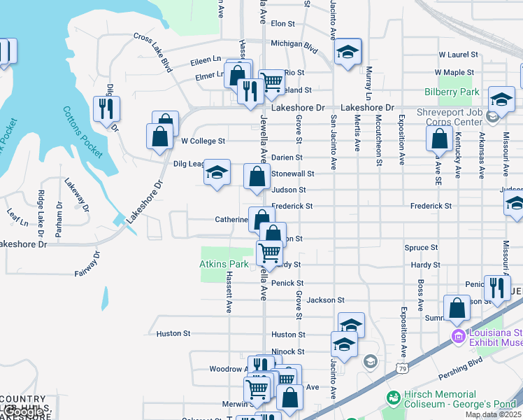 map of restaurants, bars, coffee shops, grocery stores, and more near 3718 Catherine Street in Shreveport