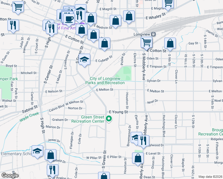 map of restaurants, bars, coffee shops, grocery stores, and more near 100 South Jackson Street in Longview