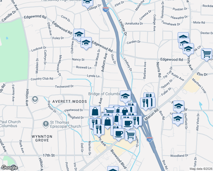 map of restaurants, bars, coffee shops, grocery stores, and more near 2710 Auburn Avenue in Columbus