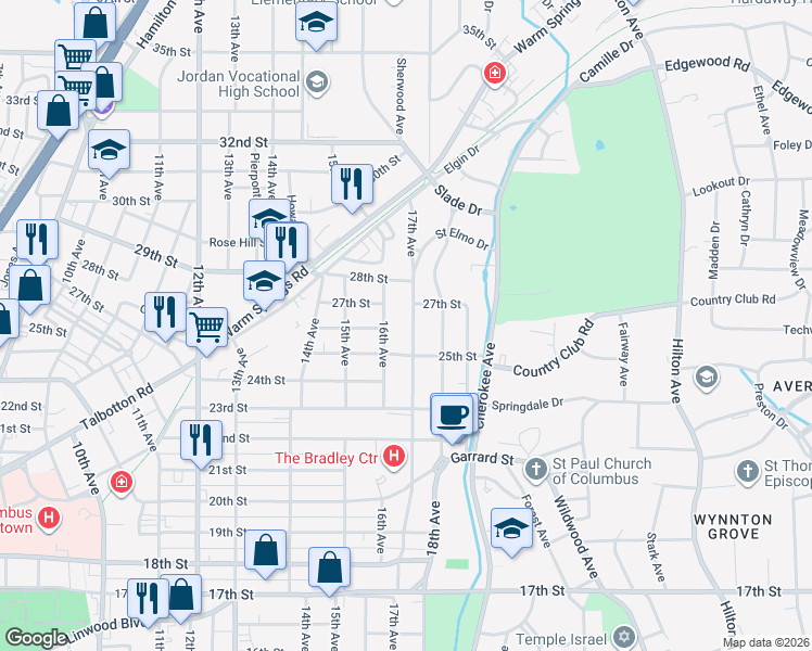 map of restaurants, bars, coffee shops, grocery stores, and more near 2603 17th Avenue in Columbus