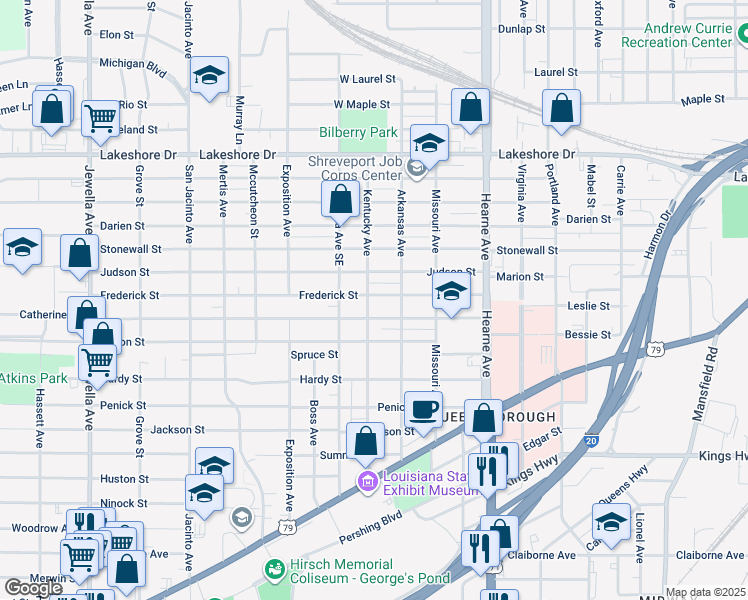 map of restaurants, bars, coffee shops, grocery stores, and more near 2935 Frederick Street in Shreveport