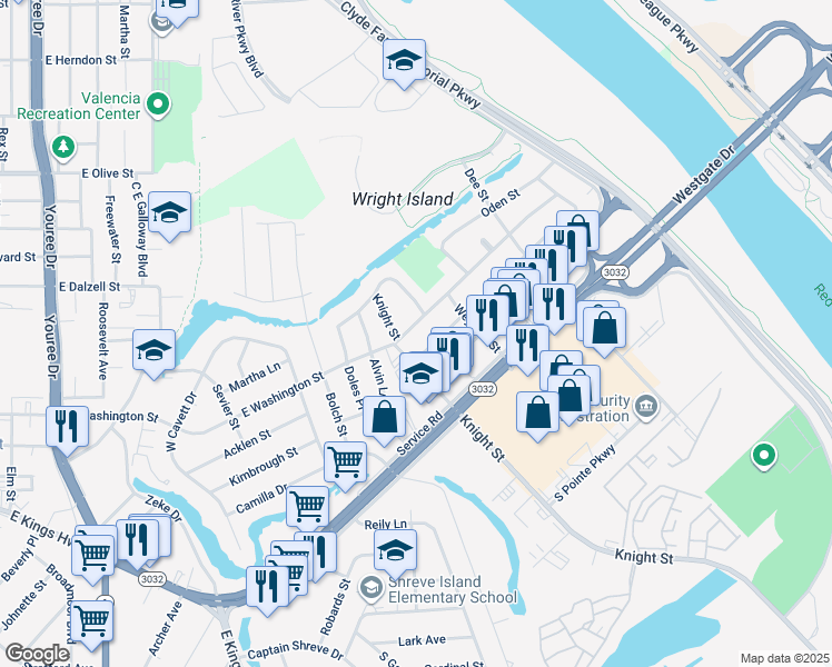 map of restaurants, bars, coffee shops, grocery stores, and more near 1115 East Washington Street in Shreveport