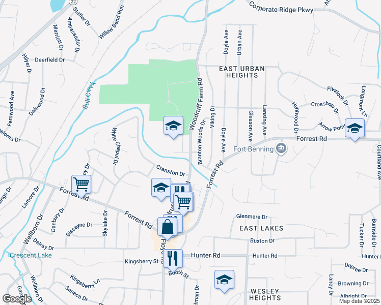 map of restaurants, bars, coffee shops, grocery stores, and more near 2900 Woodruff Farm Road in Columbus