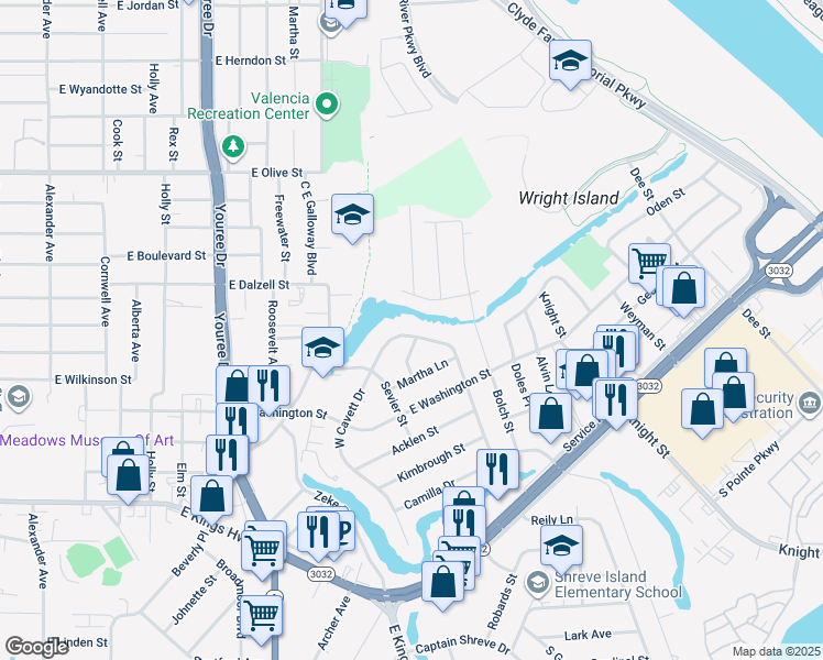 map of restaurants, bars, coffee shops, grocery stores, and more near 2607 West Cavett Drive in Shreveport