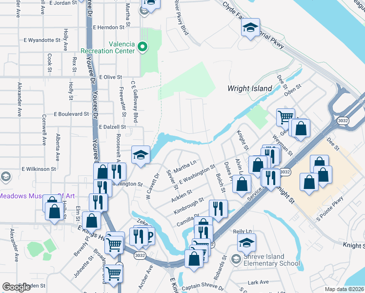 map of restaurants, bars, coffee shops, grocery stores, and more near 2602 West Cavett Drive in Shreveport