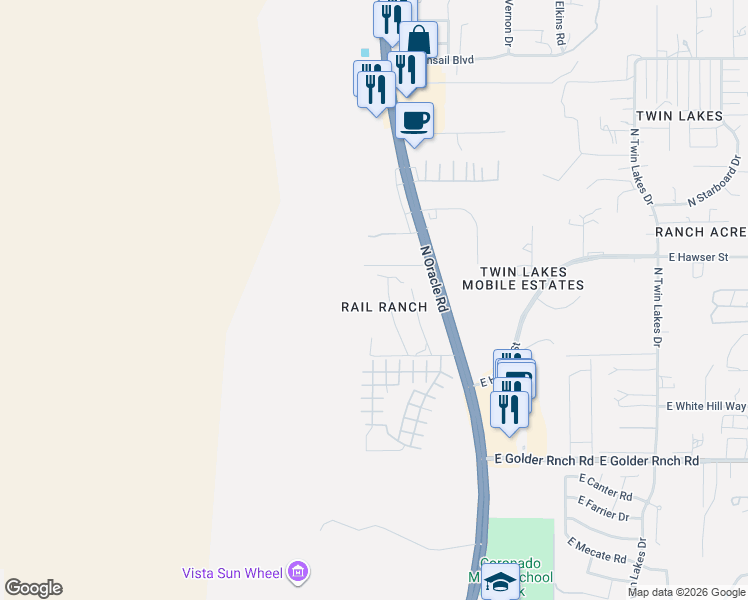 map of restaurants, bars, coffee shops, grocery stores, and more near 15445 North Sunflower Avenue in Tucson