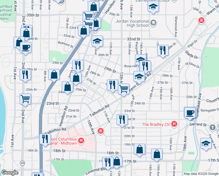 map of restaurants, bars, coffee shops, grocery stores, and more near 1140 Olive Street in Columbus