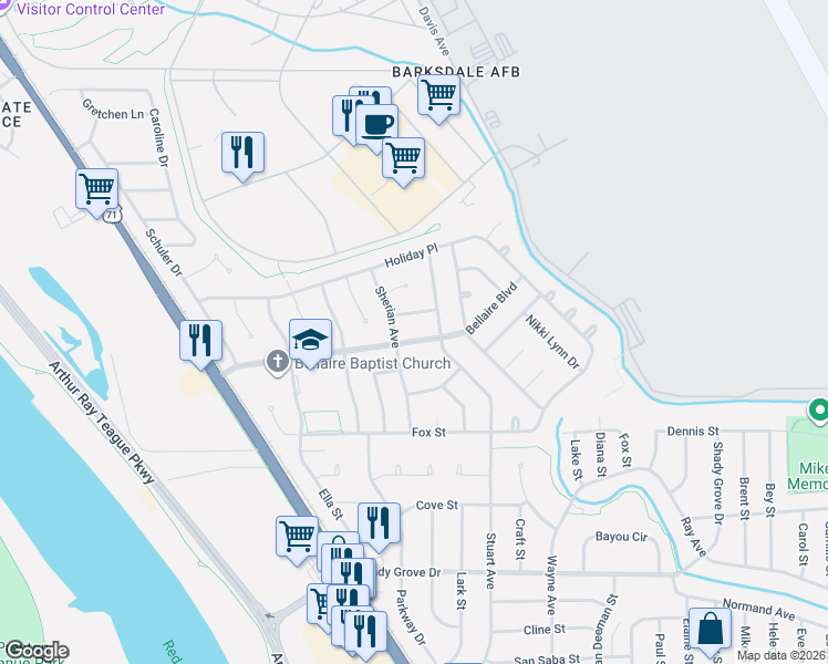 map of restaurants, bars, coffee shops, grocery stores, and more near 3501 Sherian Avenue in Bossier City