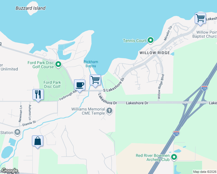 map of restaurants, bars, coffee shops, grocery stores, and more near 5736 South Lakeshore Drive in Shreveport