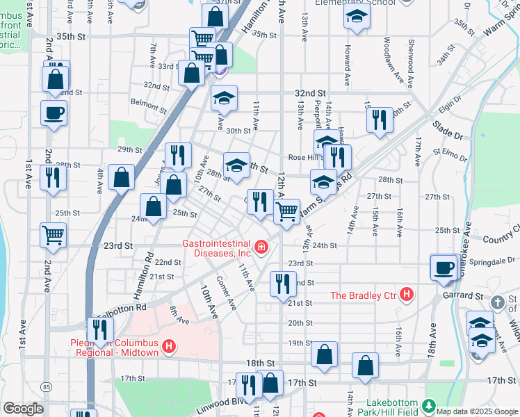 map of restaurants, bars, coffee shops, grocery stores, and more near 1134 Curtis Street in Columbus