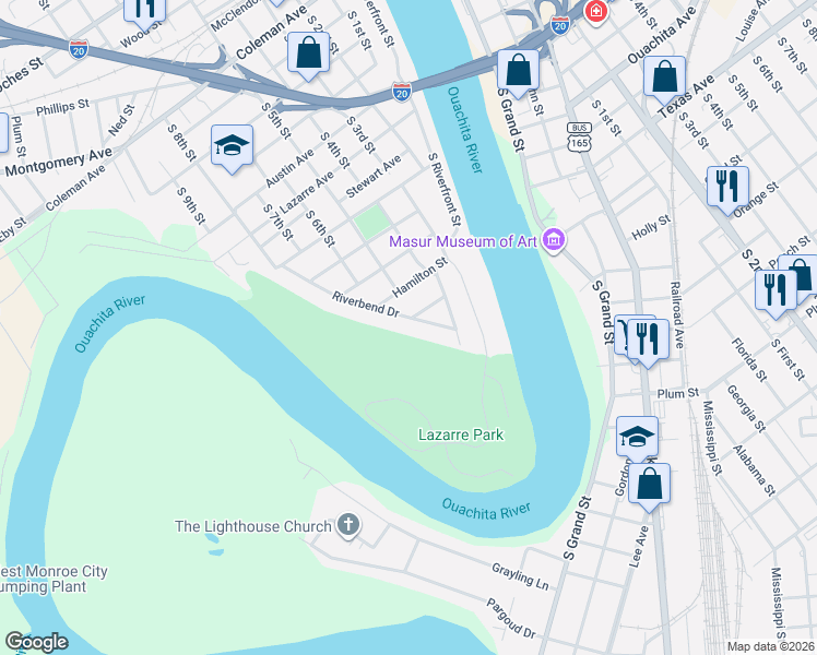 map of restaurants, bars, coffee shops, grocery stores, and more near 307 Riverbend Drive in West Monroe