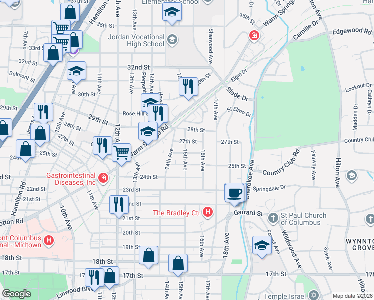 map of restaurants, bars, coffee shops, grocery stores, and more near 1501 26th Street in Columbus