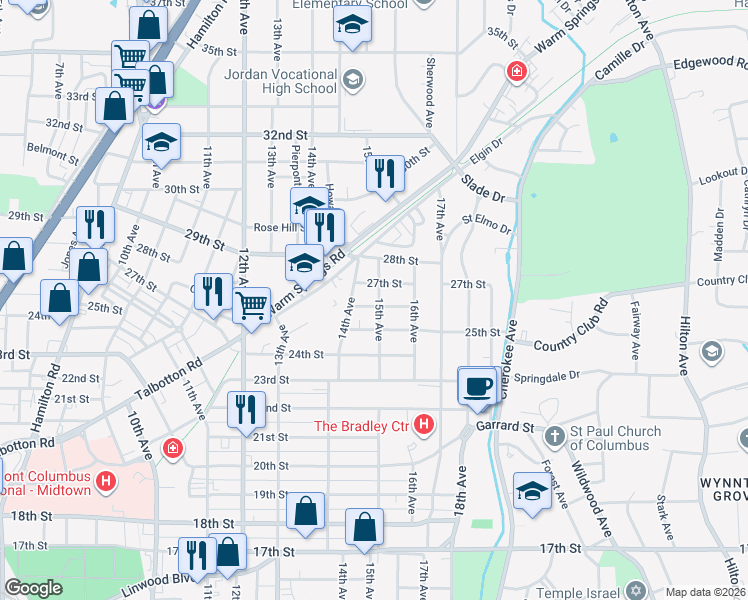 map of restaurants, bars, coffee shops, grocery stores, and more near 1420 26th Street in Columbus