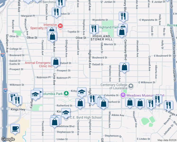 map of restaurants, bars, coffee shops, grocery stores, and more near 2517 Highland Avenue in Shreveport