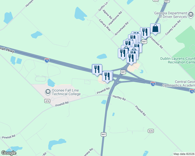 map of restaurants, bars, coffee shops, grocery stores, and more near 106 Travel Center Boulevard in Dublin