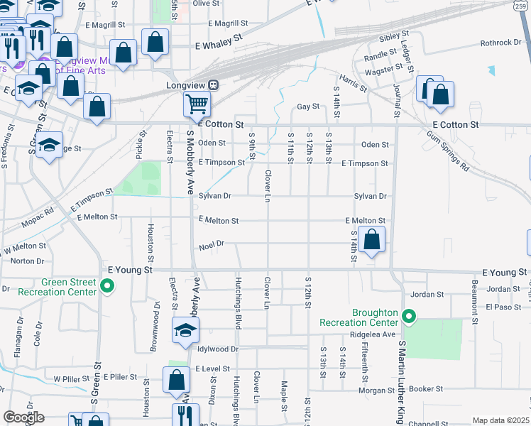 map of restaurants, bars, coffee shops, grocery stores, and more near 610 East Melton Street in Longview