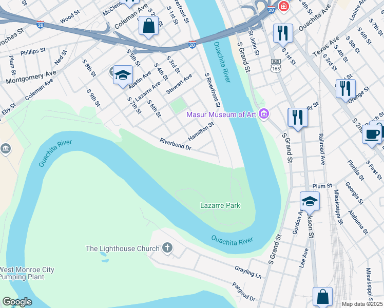 map of restaurants, bars, coffee shops, grocery stores, and more near 307 Riverbend Drive in West Monroe