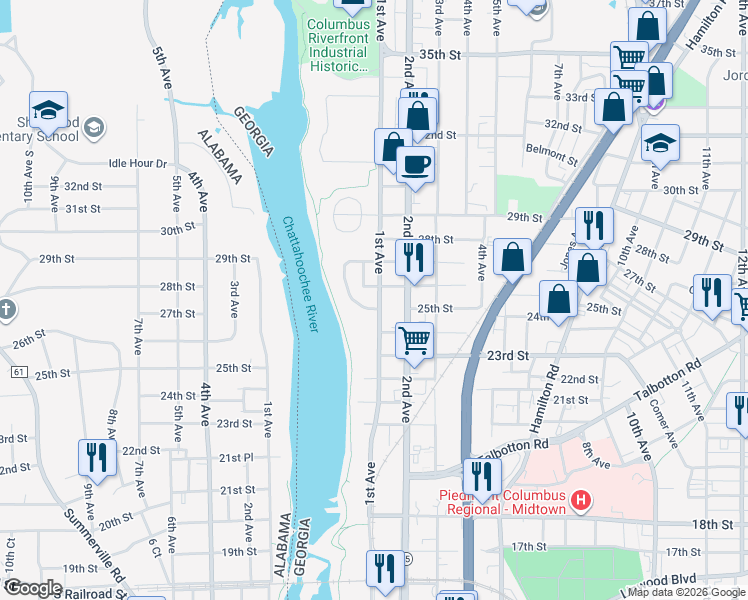 map of restaurants, bars, coffee shops, grocery stores, and more near 2417 1st Avenue in Columbus