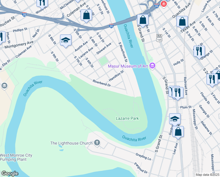 map of restaurants, bars, coffee shops, grocery stores, and more near 307 Riverbend Dr in West Monroe