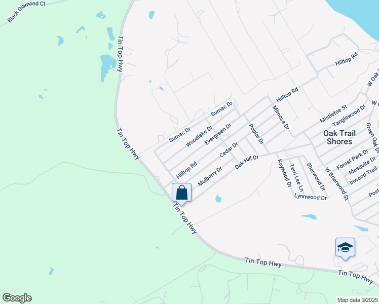 map of restaurants, bars, coffee shops, grocery stores, and more near 3520 Hilltop Road in Granbury