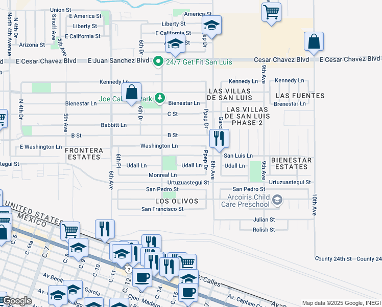 map of restaurants, bars, coffee shops, grocery stores, and more near 1586 Udall Lane in San Luis