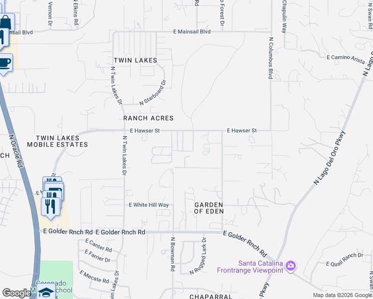 map of restaurants, bars, coffee shops, grocery stores, and more near 3985 East Songbird Lane in Tucson