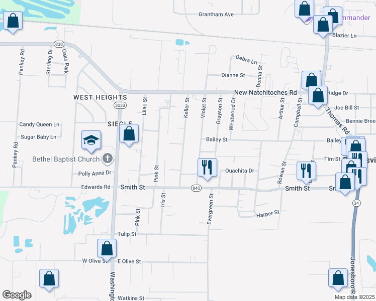 map of restaurants, bars, coffee shops, grocery stores, and more near 212 Violet St in West Monroe