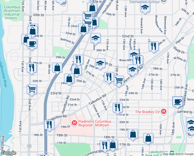 map of restaurants, bars, coffee shops, grocery stores, and more near 2701 11th Avenue in Columbus