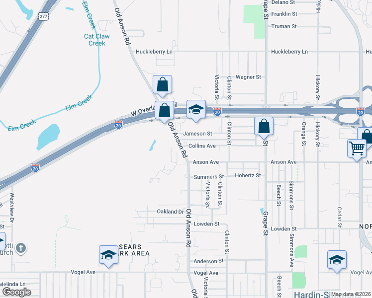 map of restaurants, bars, coffee shops, grocery stores, and more near 2954-3048 Old Anson Road in Abilene