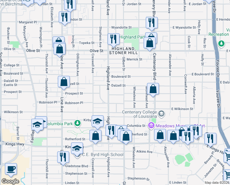 map of restaurants, bars, coffee shops, grocery stores, and more near 434 Prospect Street in Shreveport