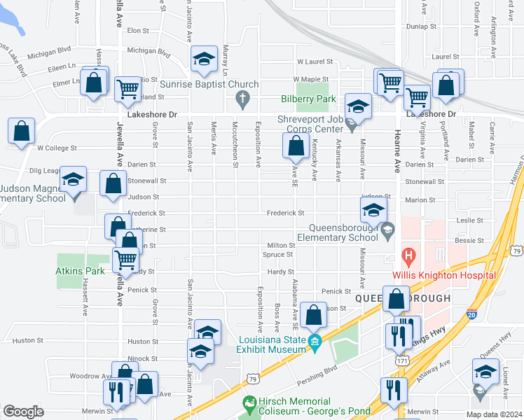 map of restaurants, bars, coffee shops, grocery stores, and more near 3160 Frederick Street in Shreveport